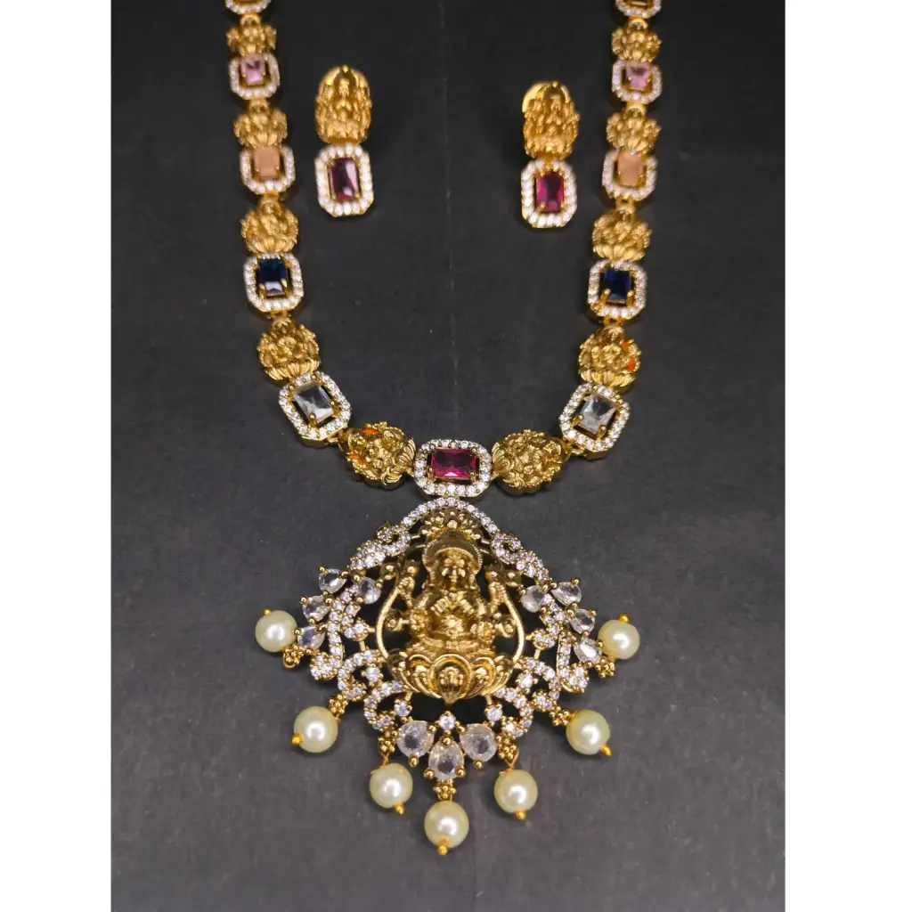 Multicolor Temple Lakshmi Haaram Set - Long (Imitation Jewellery)