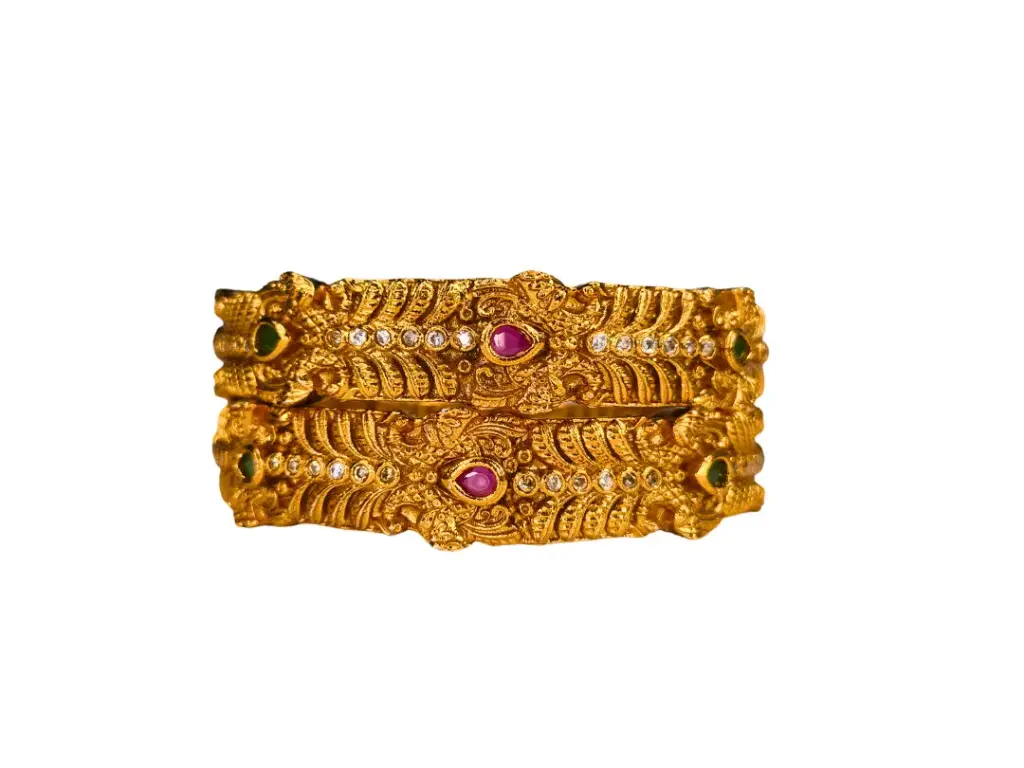 Antique Gold-Plated Temple Bangles with Ruby & Emerald Stone Detailing – Set of 2