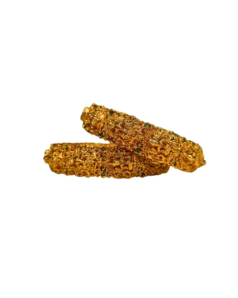 Antique Gold-Plated Lakshmi Bangles with Green Stone Detailing – Set of 2