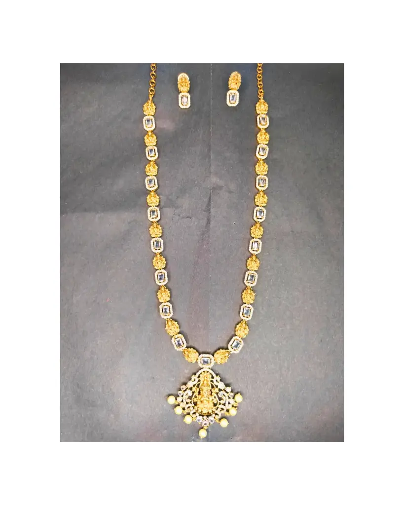 Lakshmi Devi Temple Haram Set with Earrings – Antique Gold Finish