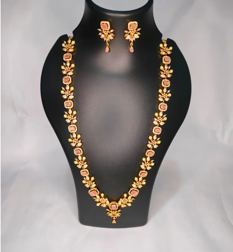 Rose Pink CZ Stone Bridal Necklace Set with Earrings – Premium Finish