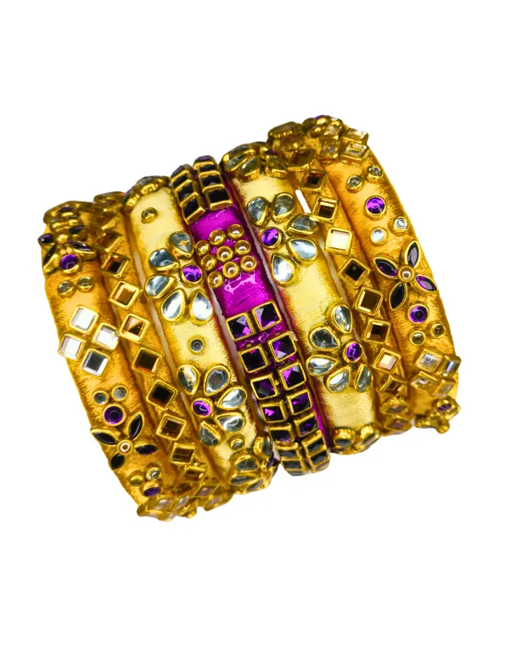 Handmade Golden Thread Bangle Set with Stone & Mirror Work – Ethnic Bridal Design