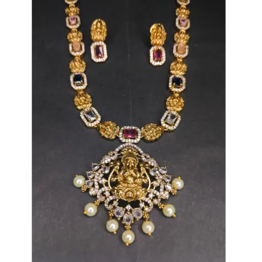Multicolor Temple Lakshmi Haaram Set - Long (Imitation Jewellery)