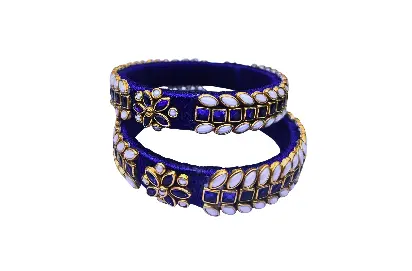 Royal Blue Silk‑Thread Pearl & Kundan Kada – Set of 2