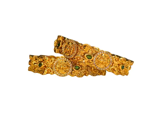 Traditional Gold-Plated Goddess Lakshmi Bangles with Green Stone Embellishments – Set of 2