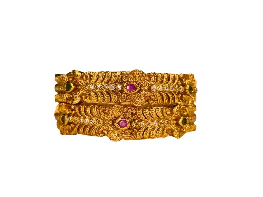 Antique Gold-Plated Temple Bangles with Ruby & Emerald Stone Detailing – Set of 2