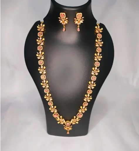 Rose Pink CZ Stone Bridal Necklace Set with Earrings – Premium Finish