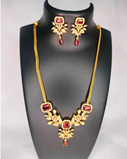 Royal Pink Stone Gold-Plated Necklace Set with Matching Earrings
