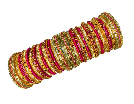 Handmade Pink & Gold Thread Bangle Set with Stone Work