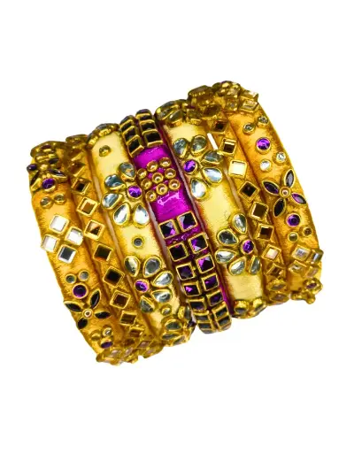 Handmade Golden Thread Bangle Set with Stone & Mirror Work – Ethnic Bridal Design