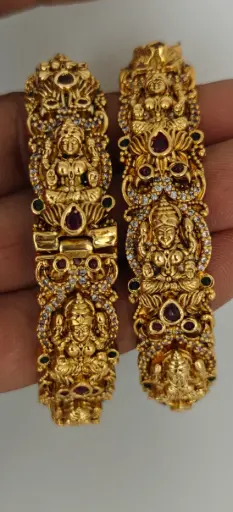 Antique Gold-Plated Lakshmi Temple Bangles with Kemp Stones